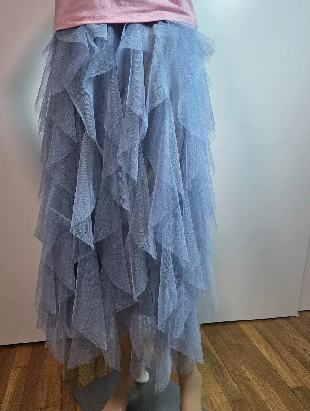 ​Dusty Blue Tiered Tulle Layered Mesh Ruffle Maxi Skirt - Size L